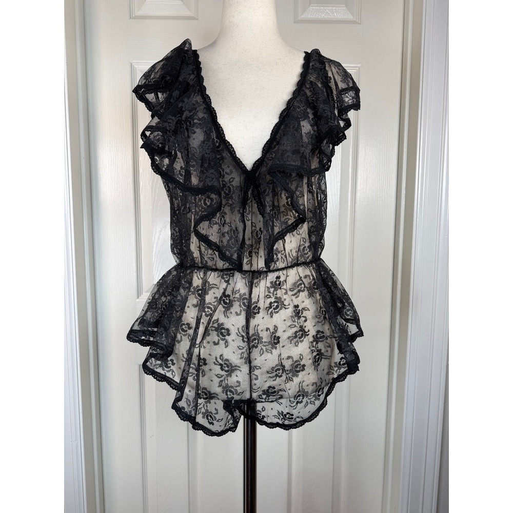 Vintage Flair 60s Black Floral Lace Teddy Ruffle V-Neck Union Made Small‎ 8748